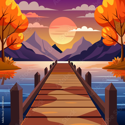 Peaceful autumn sunset over a lake with a wooden dock
