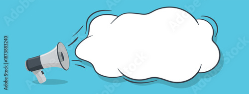 Vector illustration Blue megaphone loudspeaker with big white speech bubble cloud for announcement promotion and marketing advertisement design elements