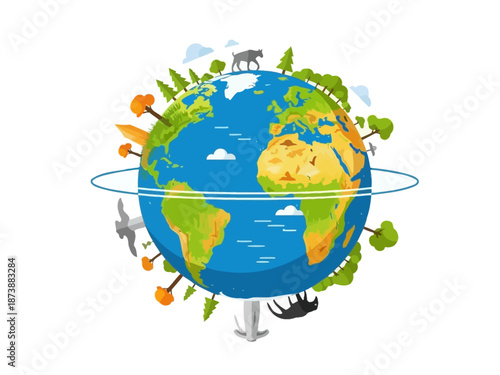 Planet Earth Illustration with Animals, Trees, Wind Turbines, and Clouds Depicting Nature and Conservation