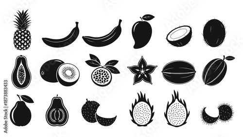 A collection of tropical fruits displayed in a striking black silhouette