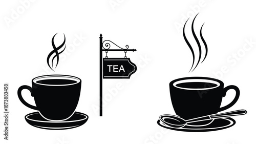 Two steaming cups of tea and a sign artistic black silhouette