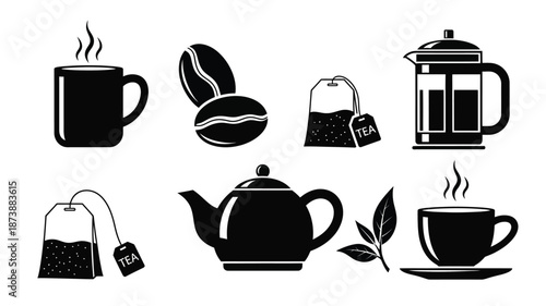 Black and white coffee and tea icons with steam a striking silhouette