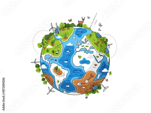 Illustration of the Earth with diverse elements symbolizing sustainability and environmental protection