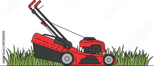 Red lawn mower cutting green grass isolated on white background flat vector illustration for gardening, landscaping, yard maintenance concept
