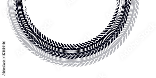 Tire track. Car, bike, motorcycle tyre mark with grunge effect isolated on white background. Wheel footprint on the road. Top view of rubber protector mark.