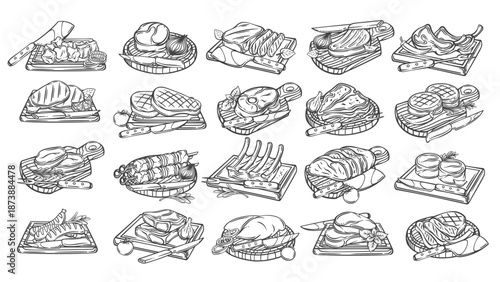 BBQ meat on wooden boards line icons set. Outline hand drawn sketches of grilled steak and sausage, chicken and vegetable with fork and knife. Grill menu mascots, BBQ food icons vector illustration
