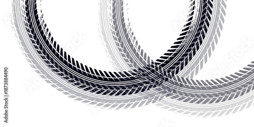 Tire track. Car, bike, motorcycle tyre mark with grunge effect isolated on white background. Wheel footprint on the road. Top view of rubber protector mark.