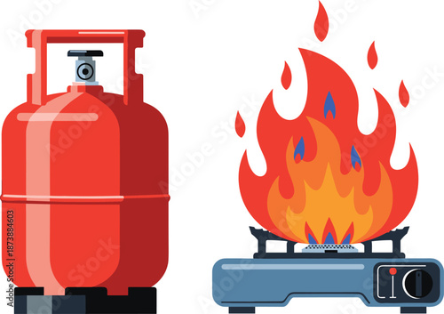 Red LPG gas cylinder with burning stove flame isolated on white background flat vector illustration for cooking safety concept