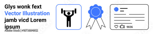 Fitness, achievement, motivation, social media, recognition, celebration. A weightlifter icon, a blue award ribbon and a social media post display. Fitness and achievement
