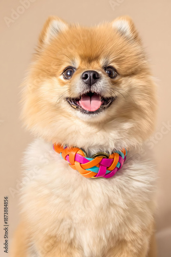 Hyperrealistic portrait of fluffy Pomeranian Spitz. Detailed fur texture, sparkling eyes, and lifelike realism emphasize cuteness and charm of this toy breed.