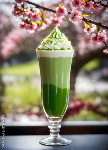 A vibrant green drink set against a soft pink sakura (cherry blossom) background. A refreshing, seasonal contrast perfect for spring or wellness themes.
