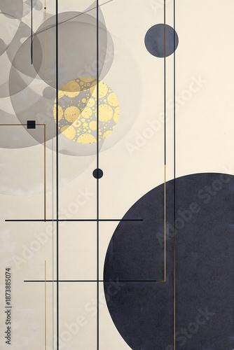 A modern abstract geometric art print with intersecting lines, circles, and gold accents on a neutral cream, grey, and navy palette. Bauhaus or Art Deco inspired.