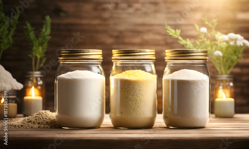Three glass jars of equal height, filled with cereals, presented against a cozy mockup background. Perfect for product labeling, branding, or developing DIY packaging design concepts.