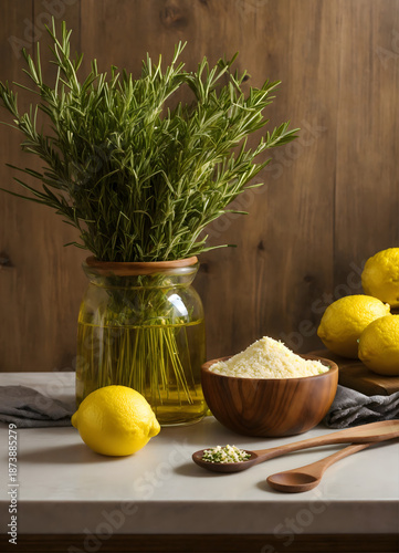 A glass bowl of shea butter with fresh green rosemary sprigs on a countertop. A natural, simple, and elegantly rustic still life for skincare or wellness themes.