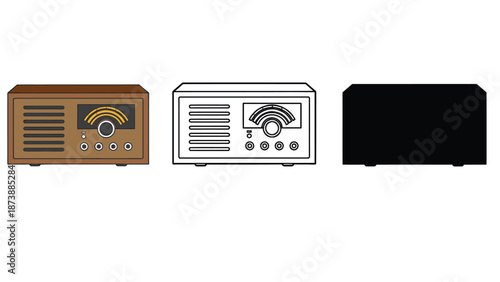 Three different styles of vintage radios on a white background