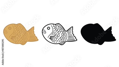 Three fish in different colors on a white background
