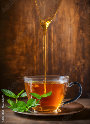 An artistic shot of golden honey slowly pouring into a glass cup of tea. Warm tones and soft natural light highlight the rich texture and create a cozy, inviting mood.