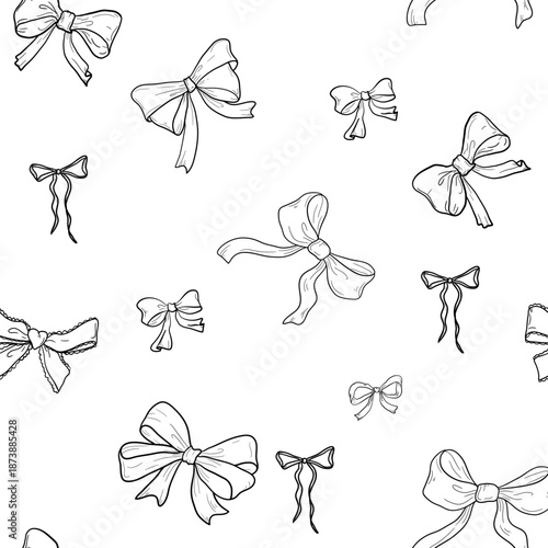Cute, flirty bows in seamless pattern. Hand-drawn girly ribbon bows isolated on white background. Perfect for weddings, holidays, party decorations, gifts, letters, and stationery. Vector illustration