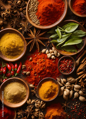 Vibrant orange spices—turmeric and paprika—in bowls on a black stone table. Decorated with star anise, lime, cinnamon, thyme, and red peppers for a rich culinary still life.