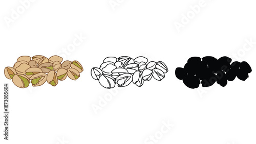 An illustration of pistachios in different styles and colors on a white background