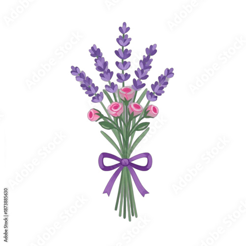 A beautiful bouquet of lavender and pink roses tied with a purple ribbon.