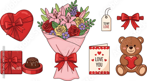 Romantic Valentine’s Day gift set with flowers teddy bear chocolates and love cards isolated on white background flat vector illustration