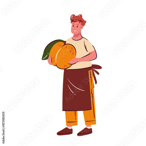 Smiling male chef in brown apron holding huge peach fruit symbolizing organic farming, healthy eating, vegan nutrition and natural lifestyle, flat cartoon character vector illustration.