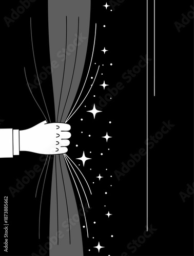 Unveiling the extraordinary A powerful hand parts dark curtains, revealing a dazzling spectacle of sparkling magic and stardust, a symbol of hidden wonders