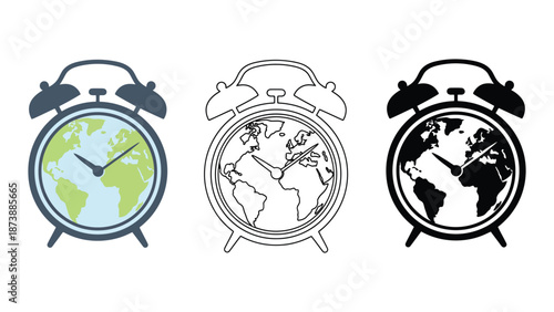 Three alarm clocks with a world map on their faces in different styles