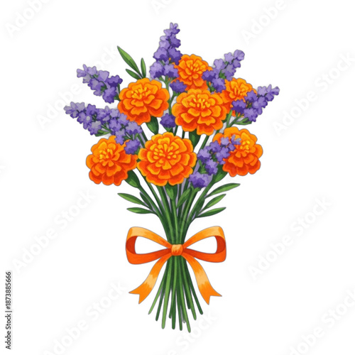 A beautiful bouquet of marigolds and lavender tied with an orange ribbon.