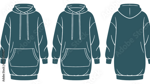 A graphic illustration of a teal hoodie from multiple angles.
