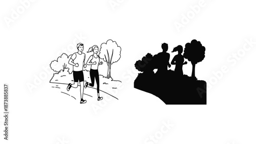 A couple jogging together in different illustration styles outdoors