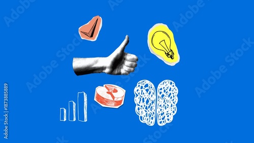 Positive thinking. Halftone hand with thumb up. Brain, light bulb, check mark, chart sketches. Idea, success, marketing, knowledge concept. Startup, new business. Collage animation