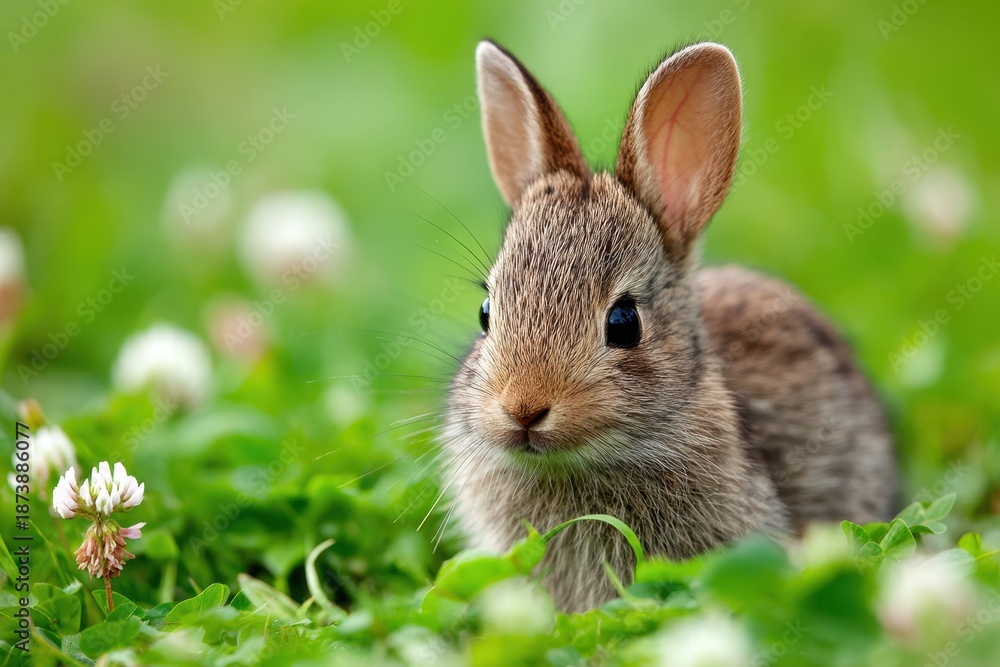 Fototapeta premium Cute rabbit in a grassy field with flowers