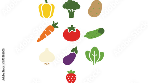 A colorful illustration of various fresh vegetables and a strawberry on a white background