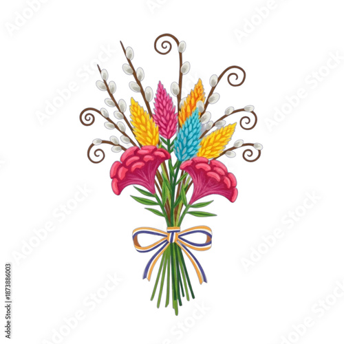 Colorful Spring Bouquet with Pussy Willow and Exotic Flowers 1.