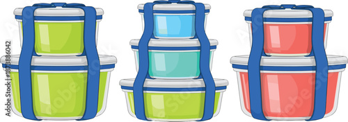 Stacked reusable food storage containers with secure lids isolated on white background flat vector illustration for kitchen organization concept