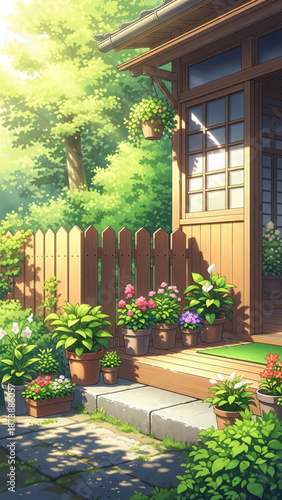 Japanese rural landscape illustration in cartoon style.