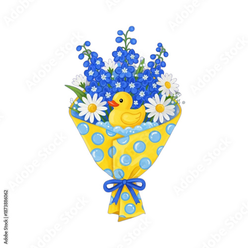 Cute Yellow Rubber Duck in a Blue and White Flower Bouquet.