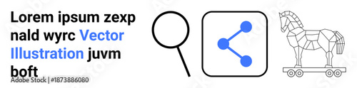 Cybersecurity, data sharing, online threats, risk analysis, digital protection, fraud prevention. Magnifying glass, share icon Trojan horse. Cybersecurity and data sharing concept