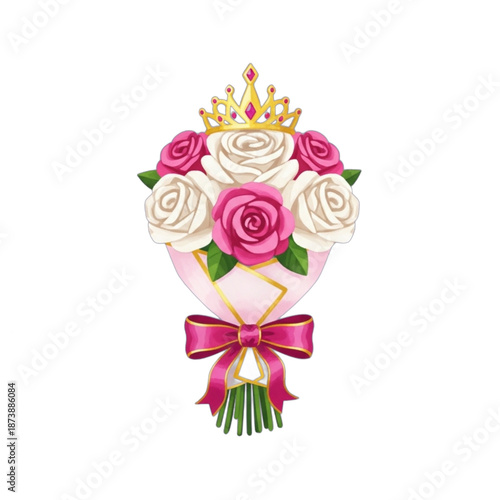 Elegant Bouquet of Roses Crowned with a Golden Tiara.
