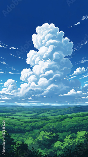 Japanese rural landscape illustration in cartoon style.