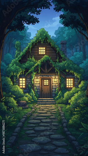 Japanese rural landscape illustration in cartoon style.