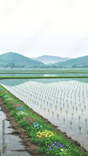 Japanese rural landscape illustration in cartoon style.