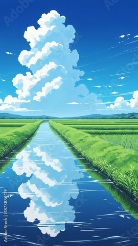 Japanese rural landscape illustration in cartoon style.