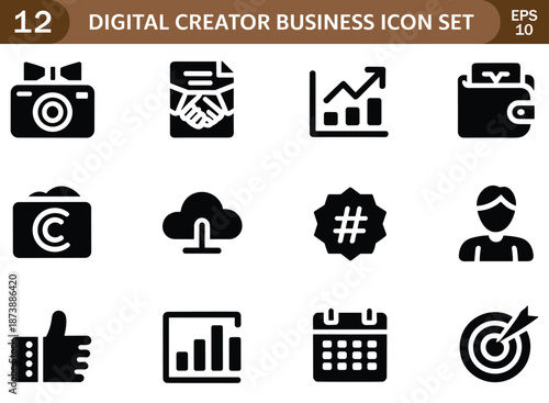 Digital Creator Business Icon Set With Camera Handshake Graph Wallet And Target photography