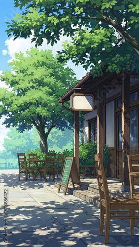 Japanese rural landscape illustration in cartoon style.