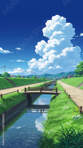 Japanese rural landscape illustration in cartoon style.