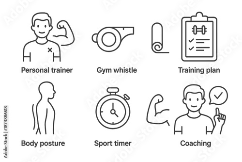 Fitness icons: personal trainer, gym whistle, training plan, posture, timer, coaching