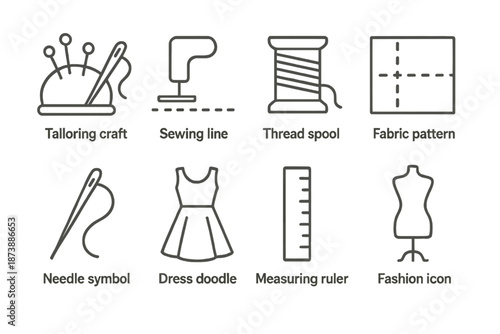 Sewing elements: tailoring craft icons including needle, spool, and dress for fashion design